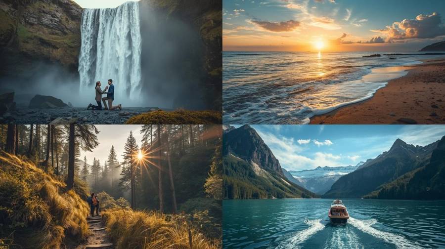 Four scenic proposal settings: a couple kneeling at a waterfall, a sunset beach, a forest trail and a boat on a mountain lake