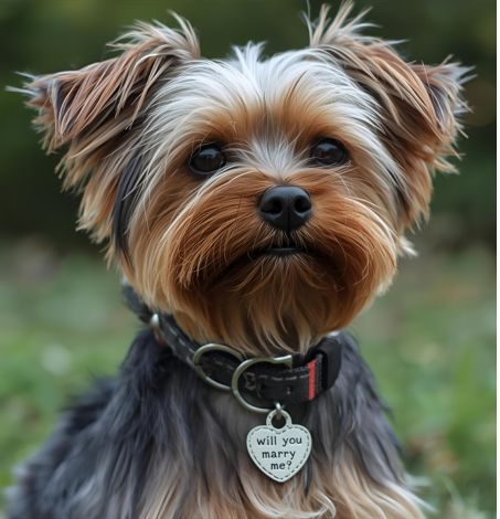 A small dog wearing a heart-shaped tag reading “will you marry me?”