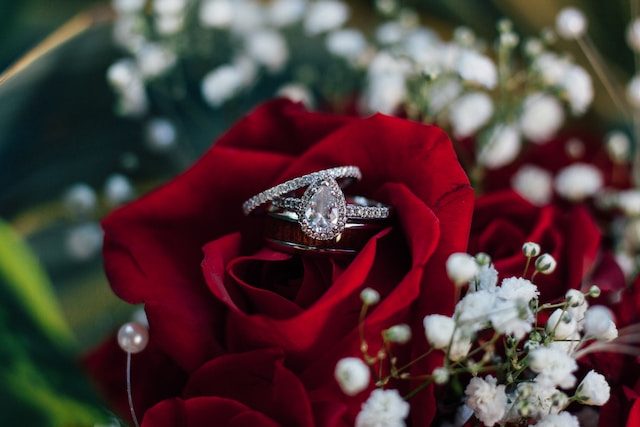 A pear-shaped diamond engagement ring and wedding bands resting on a red rose