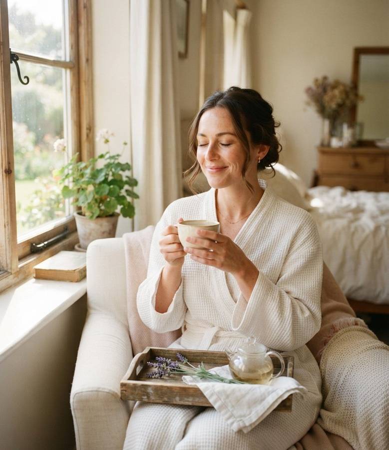 A relaxed bride in a cream robe enjoying a cup of tea by a sunny window