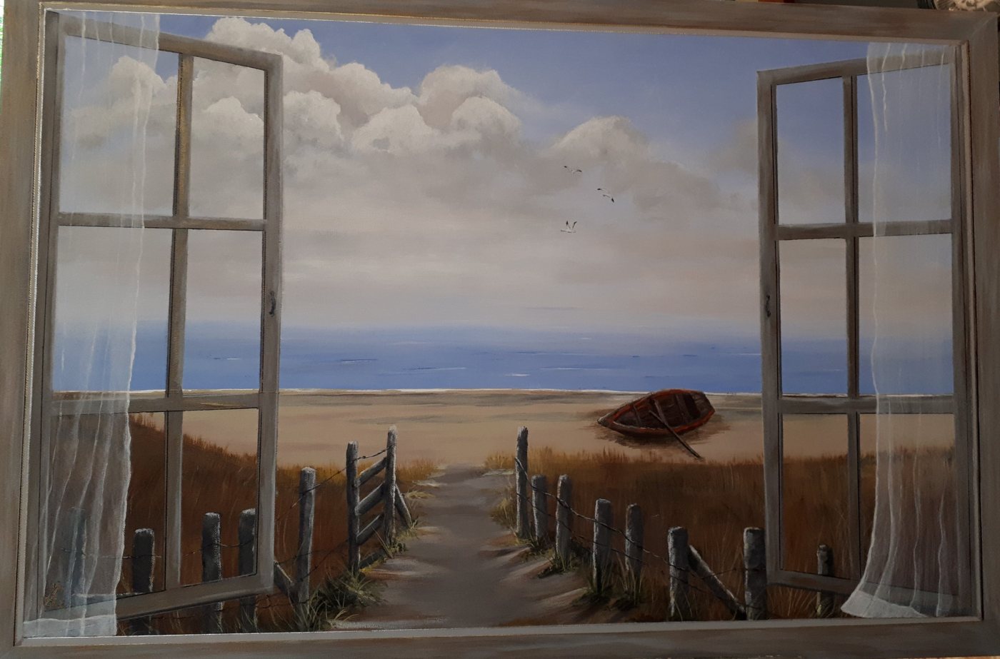Painting of an open window looking down a fenced path to a beach with a rowboat