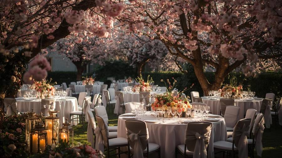 A garden reception under pink blossom trees with lanterns beside the tables