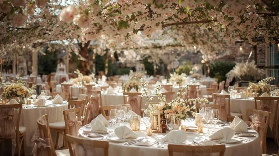 Round tables with ribboned chairs under a canopy of cherry blossoms