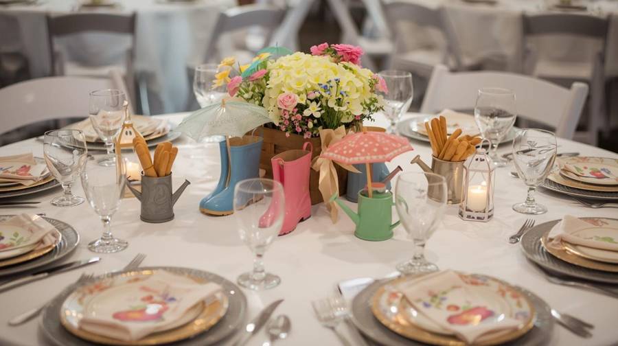 A spring table with pastel rain boots, small umbrellas and watering cans around a box of flowers