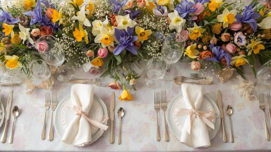 An overhead view of a long spring flower runner with daffodils, irises and tulips