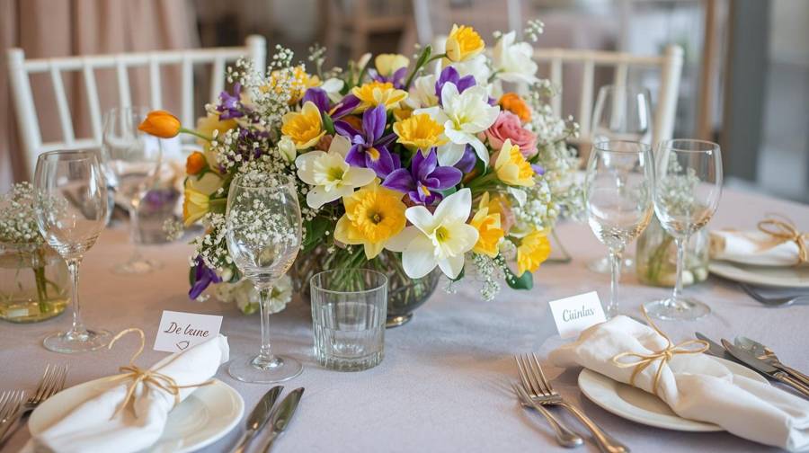 A round spring centerpiece of daffodils, irises, tulips and baby's breath with napkins tied in twine