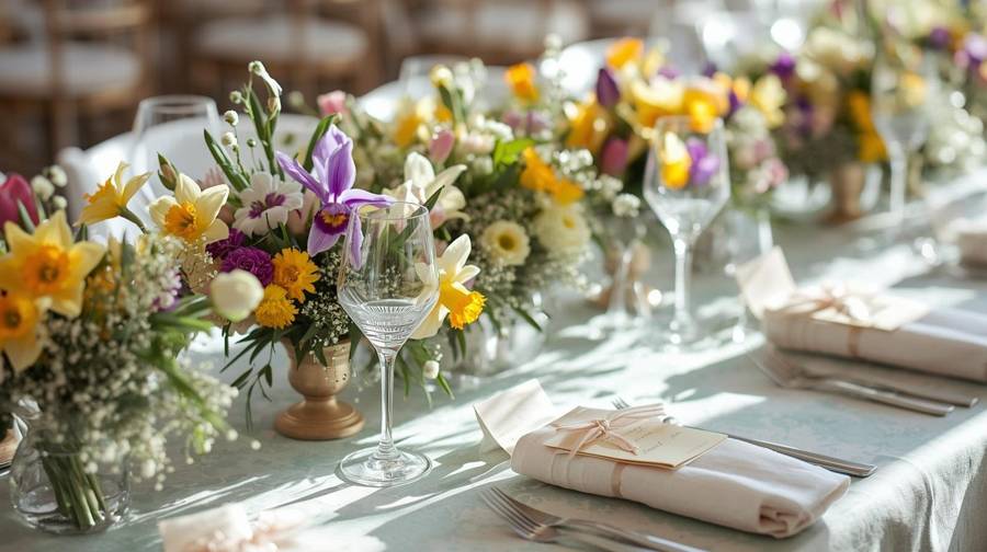 Sunlit spring centerpieces of daffodils, irises and baby's breath with napkins tied in ribbon