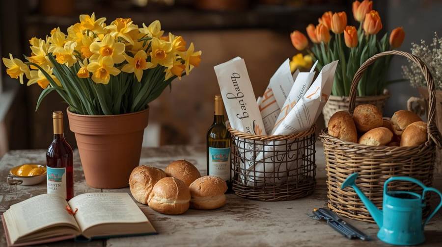 Potted daffodils beside a basket of seed packets, fresh bread, an open book and a blue watering can