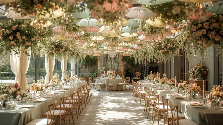 Pastel umbrellas and hanging flowers over long tables with candles
