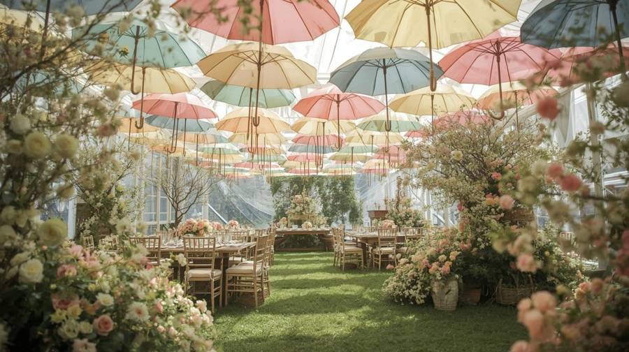 Pastel umbrellas hung overhead in a flower-filled tent