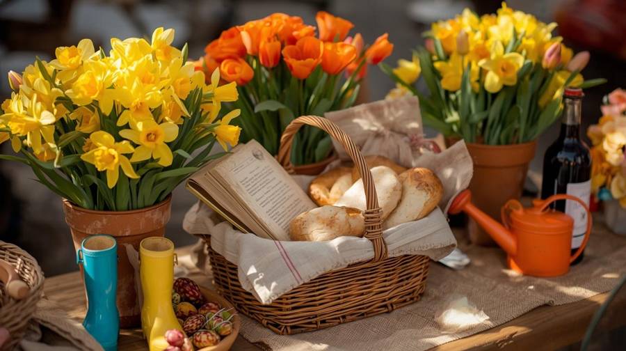 Spring table decor with potted daffodils and tulips, colorful rain boots, a watering can and a picnic basket holding a book of poems