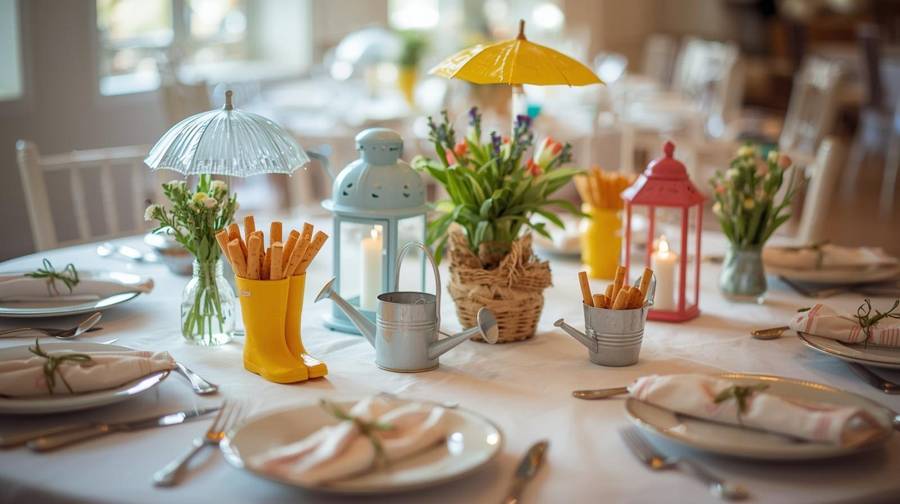 Yellow rain boots and tin watering cans holding breadsticks, with lanterns and tulips on a white table