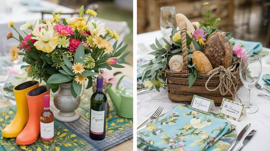 Two spring table settings: bright rain boots and a watering can beside a wildflower bouquet, and a rustic bread basket with flowers on floral napkins