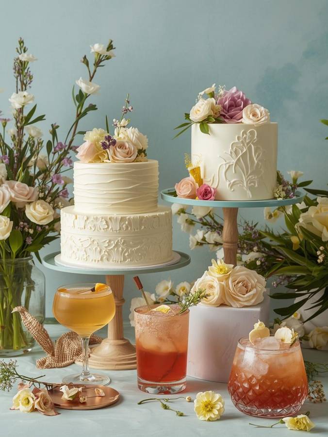 Two cakes on pastel stands with fresh roses, beside spring cocktails and scattered blossoms