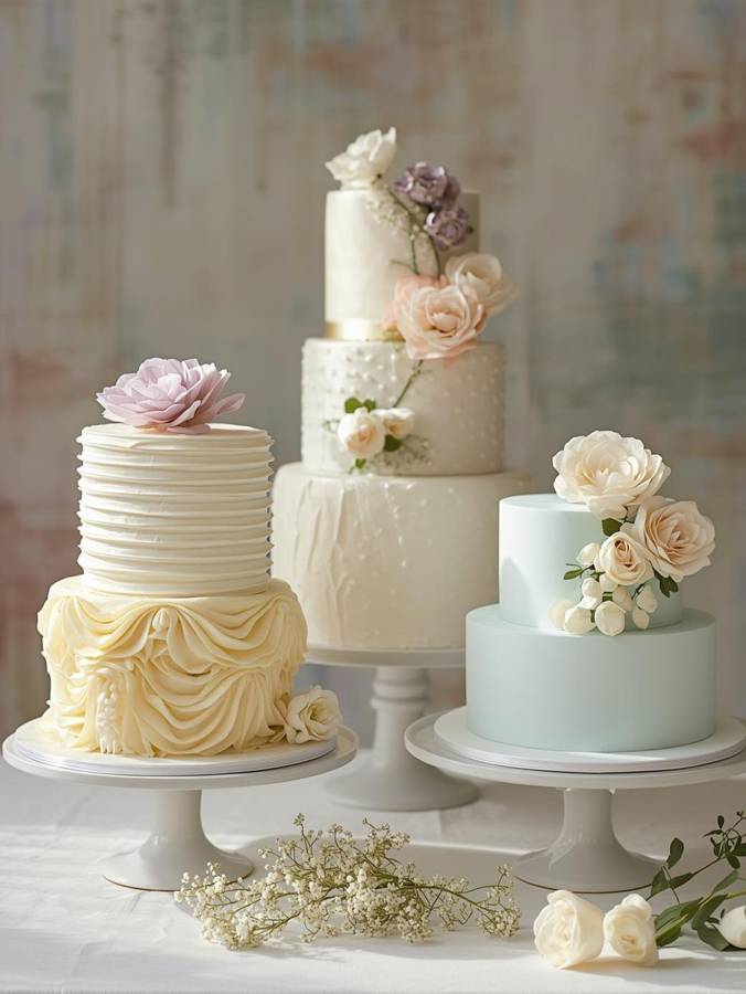 Three wedding cakes in buttercream ruffles, ivory with sugar roses, and pale blue with cream roses