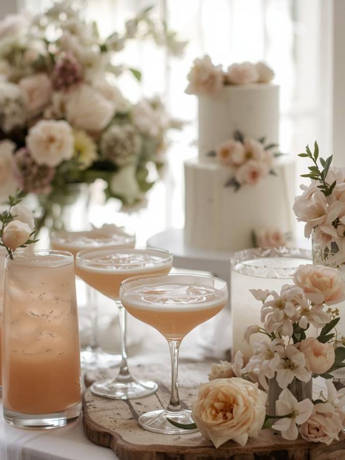 Peach cocktails in coupe and tall glasses beside blush roses and a white two-tier cake