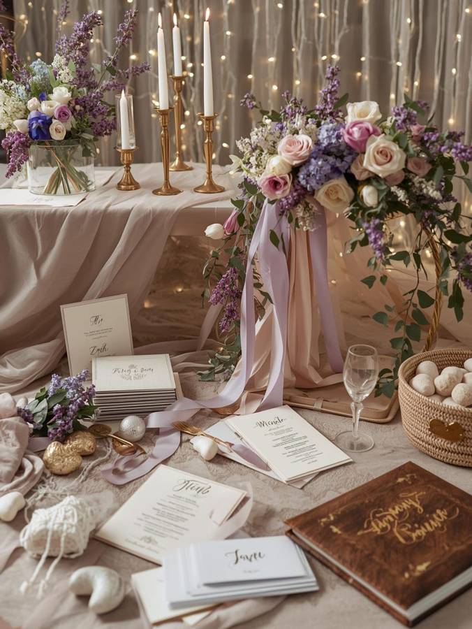 Menus, place cards and a guest book among lavender, pink roses, trailing ribbons and gold candlesticks