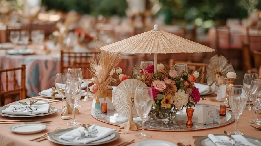 A bamboo parasol and handheld paper fans among roses and dahlias on a peach summer table