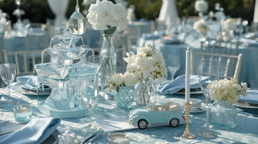 A blue wedding table with a toy convertible, an ice fountain and white roses
