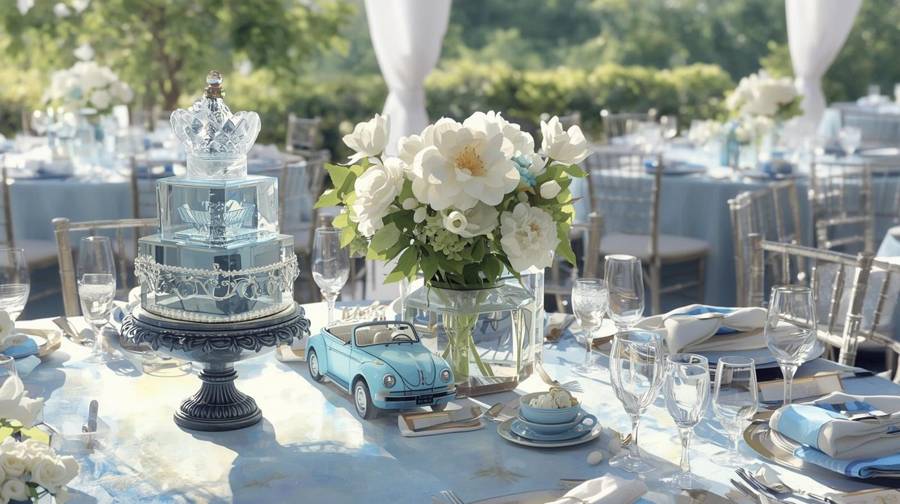 A pale blue wedding table with a toy Volkswagen convertible, white flowers and a glass centerpiece