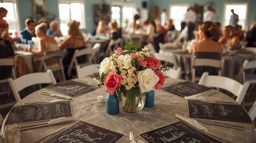 Chalkboard place mats with handwritten messages around a rose centerpiece at a summer wedding reception