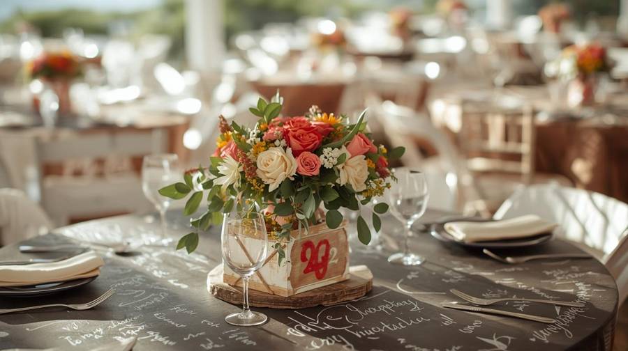 A chalkboard-style tablecloth covered in handwritten messages with a flower box centerpiece