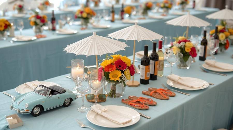 A long blue wedding table with a toy convertible, sunglasses, orange flip-flops and white parasols over gerbera daisies
