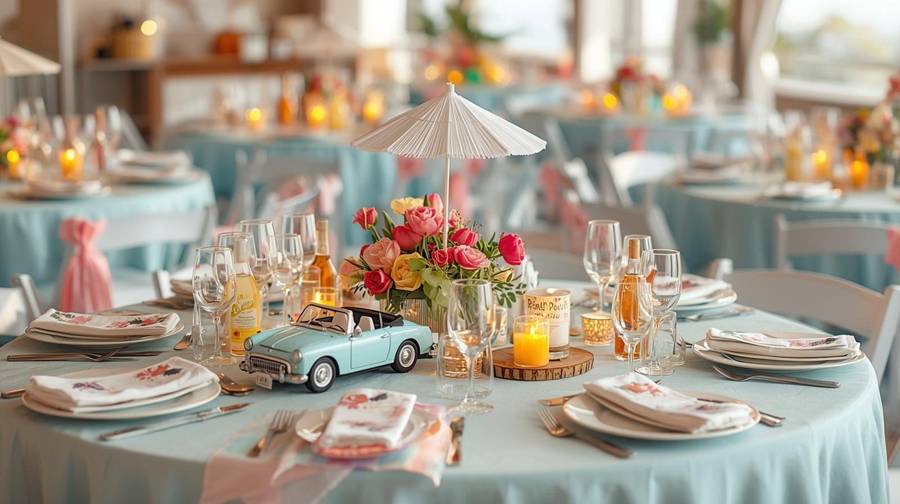 A summer wedding table with a toy convertible, a white paper parasol and a bright rose centerpiece