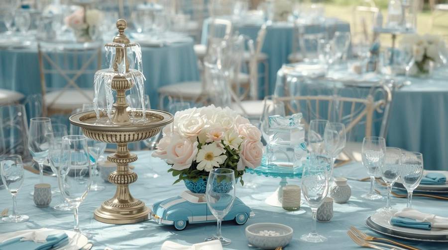 A light blue wedding table with a toy convertible, a small fountain and white roses