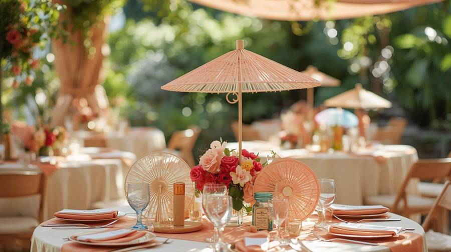 Handheld fans and a parasol on a peach and cream outdoor wedding table with roses