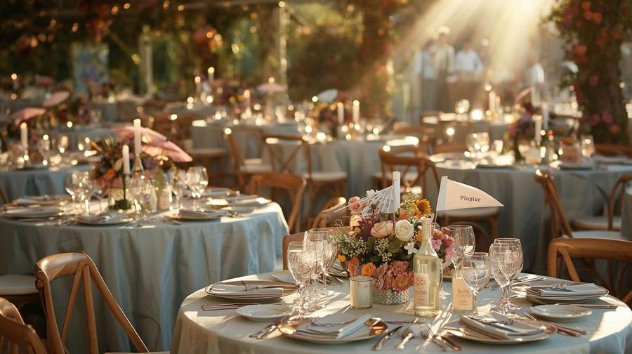 Summer wedding tables with paper parasols and small pennant flags in the centerpieces