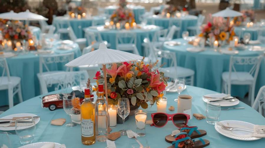 A summer wedding table with a toy convertible, red sunglasses, flip-flops and a parasol over a flower centerpiece