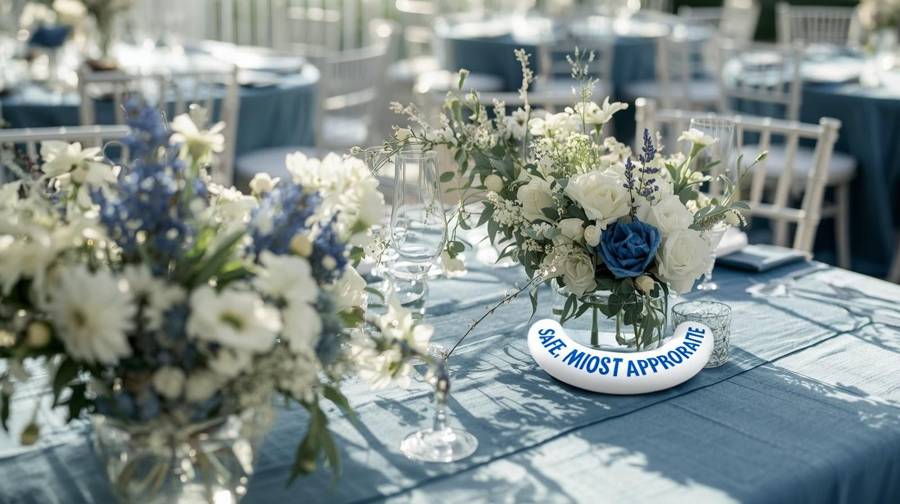 A blue and white wedding table with a white life-saving ring beside a flower arrangement