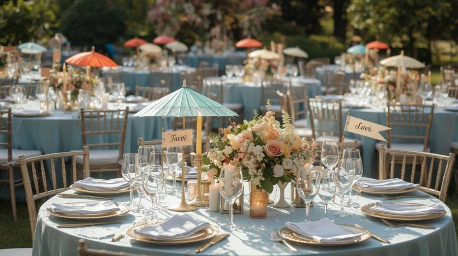 Paper parasols on tables at a summer wedding reception