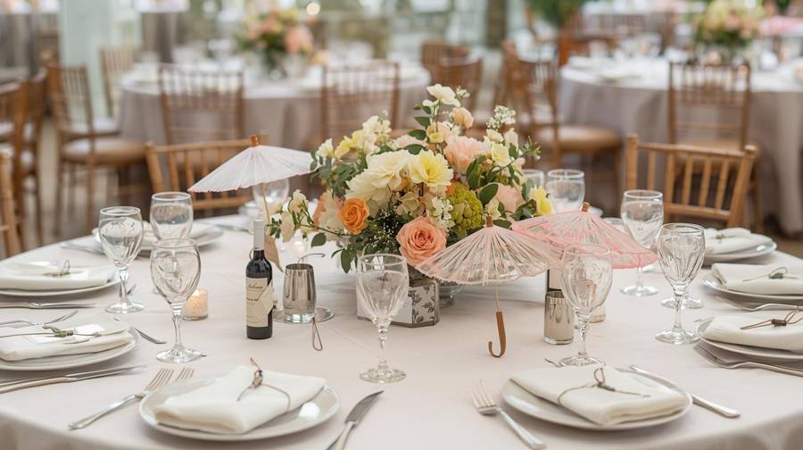 Pink paper parasols in a peach and cream flower centerpiece on a summer wedding table