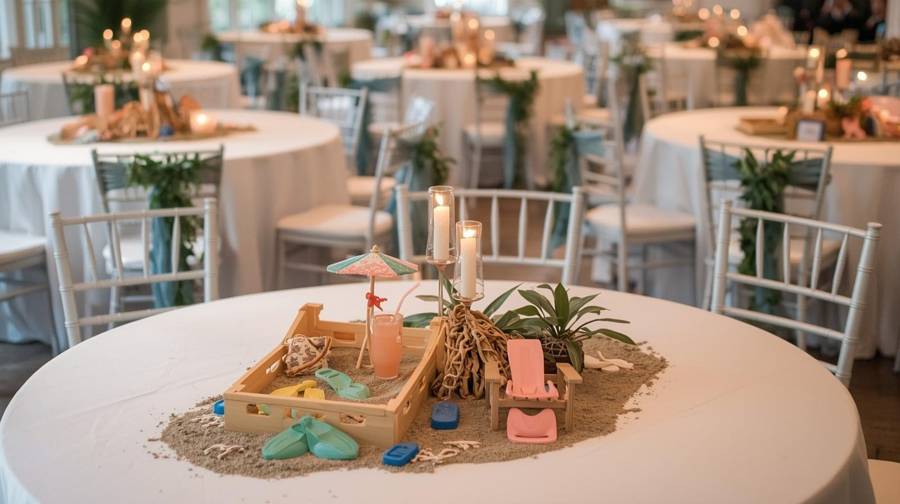 A beach-themed wedding centerpiece with a small sandbox, toy umbrella, cocktail, flip-flops, driftwood and a beach chair