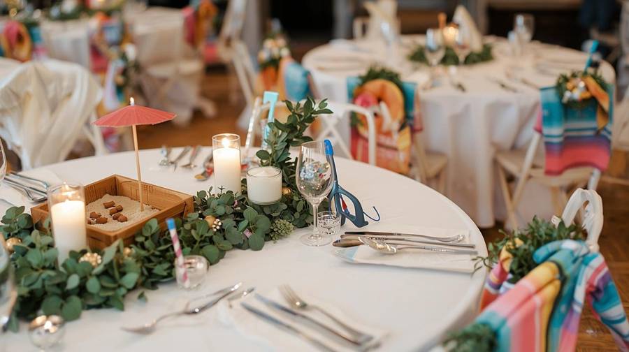 A beach-themed wedding table with a sandbox centerpiece, a snorkel and beach towels draped over the chairs