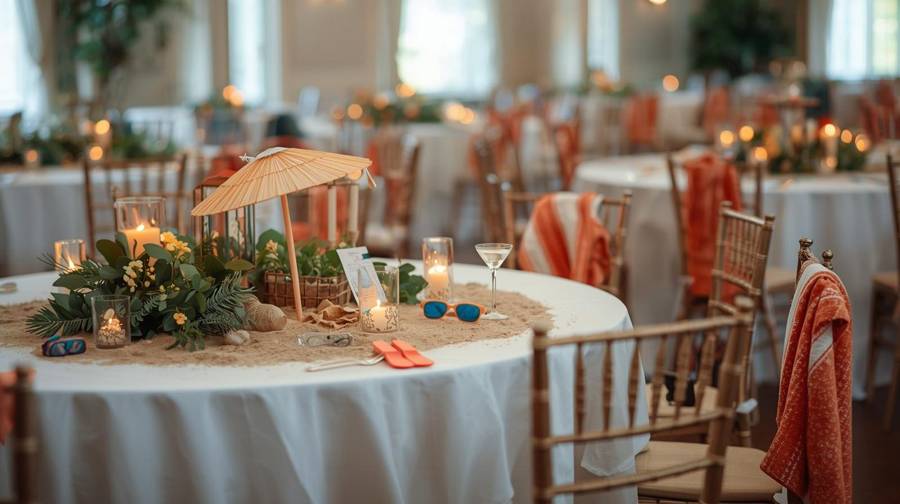 A wedding table centerpiece on a circle of sand with a paper parasol, sunglasses, a cocktail glass and swim goggles