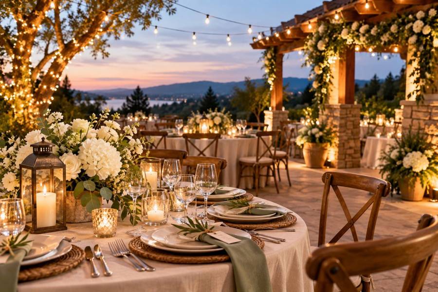 An outdoor wedding reception table with candles, flowers and string lights at sunset