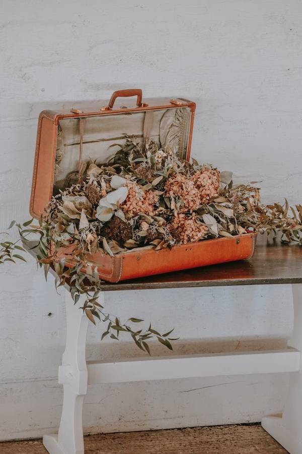 An open vintage suitcase filled with dried flowers on a white bench