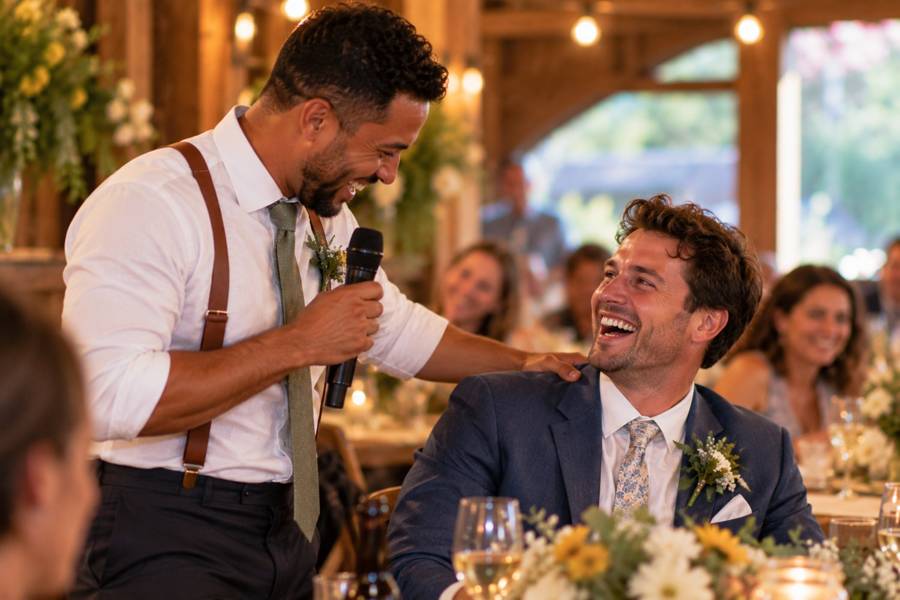 A groom laughing during a memorable wedding toast