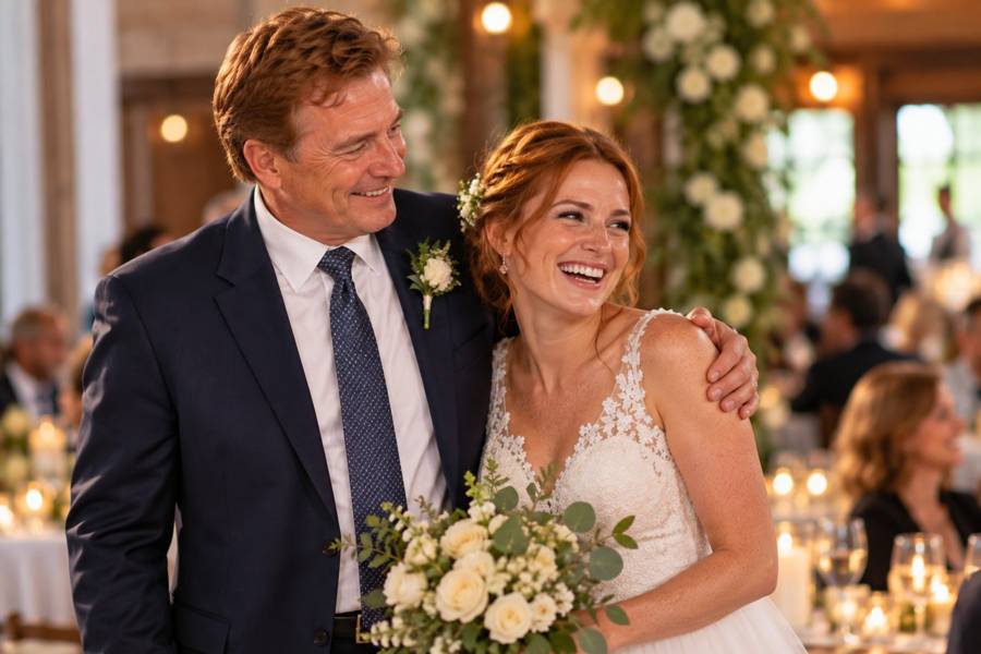 A father of the bride beaming beside his daughter at the wedding reception