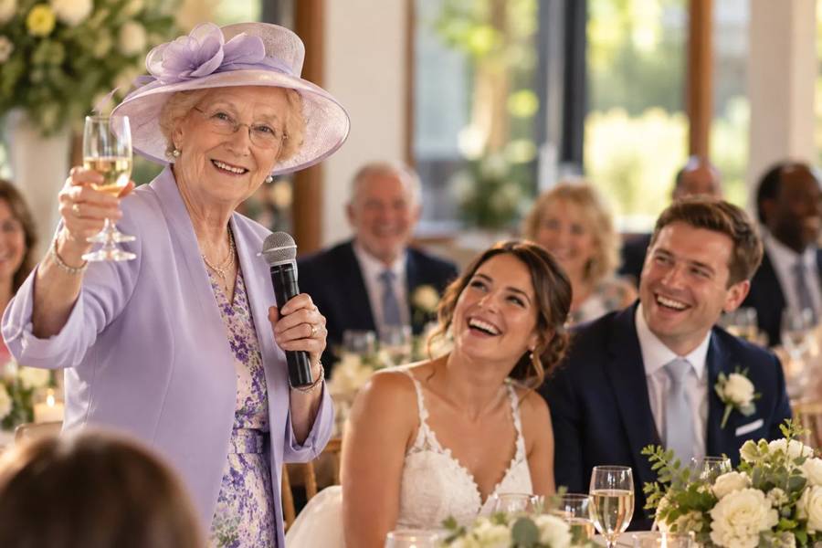 An older woman giving a wedding toast as the newly married couple listens