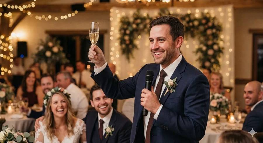 A wedding toast speaker raises a glass toward the newlyweds, keeping the focus on the couple