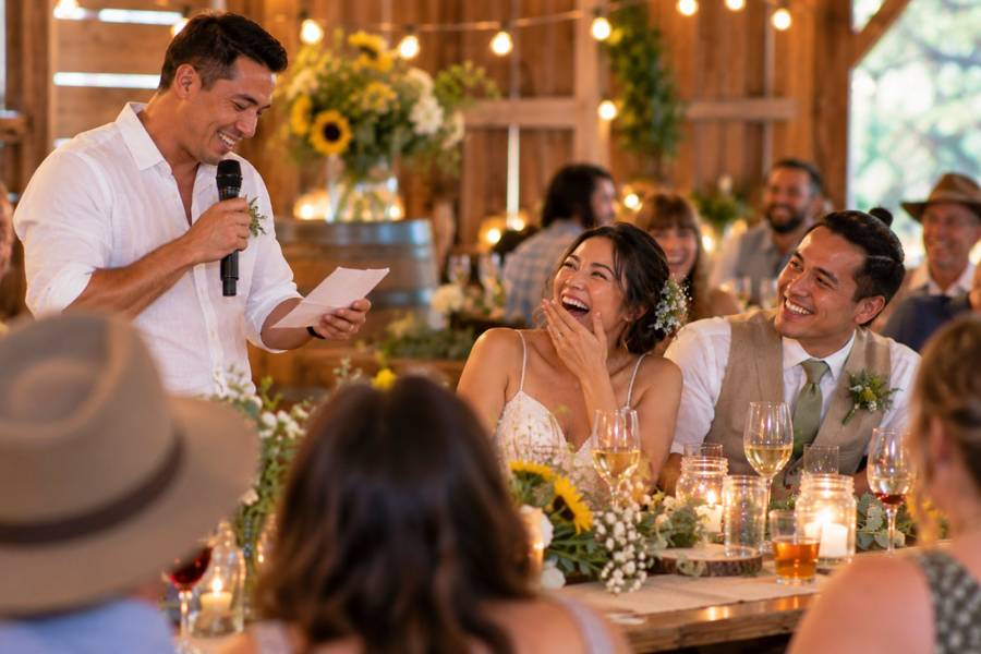 A wedding guest giving a toast as the newly married couple laughs and listens