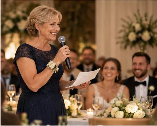 A mother giving a wedding toast from her notes