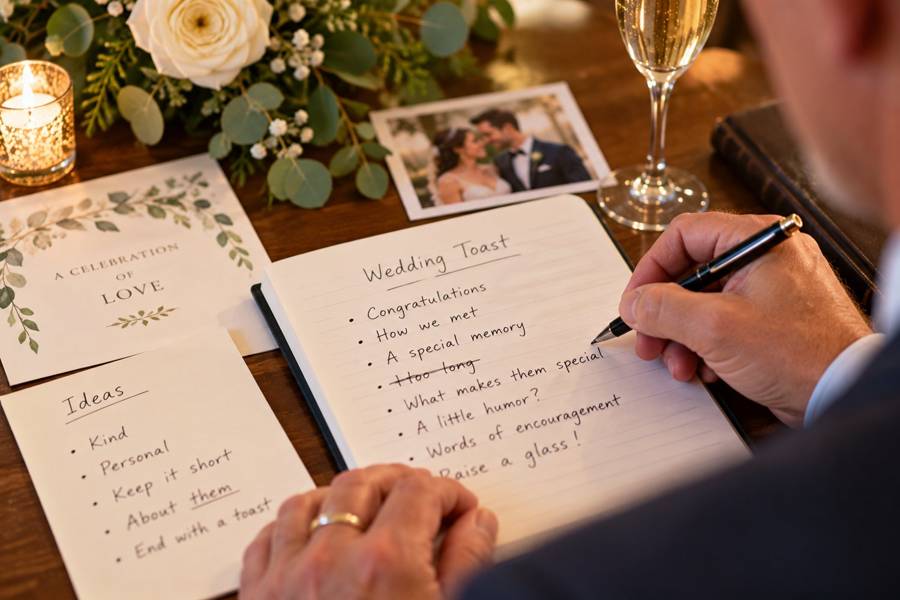 A person preparing a wedding toast from handwritten notes before the reception