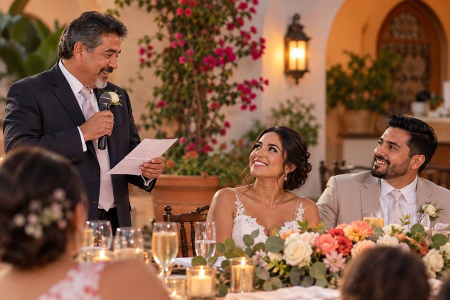 A father of the bride sharing a joyful moment at the wedding reception