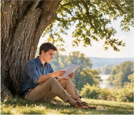 A person practicing a wedding toast alone beneath a tree