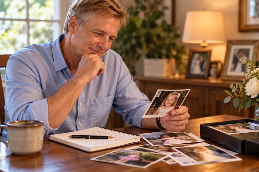 A father looking through family photos while preparing his speech